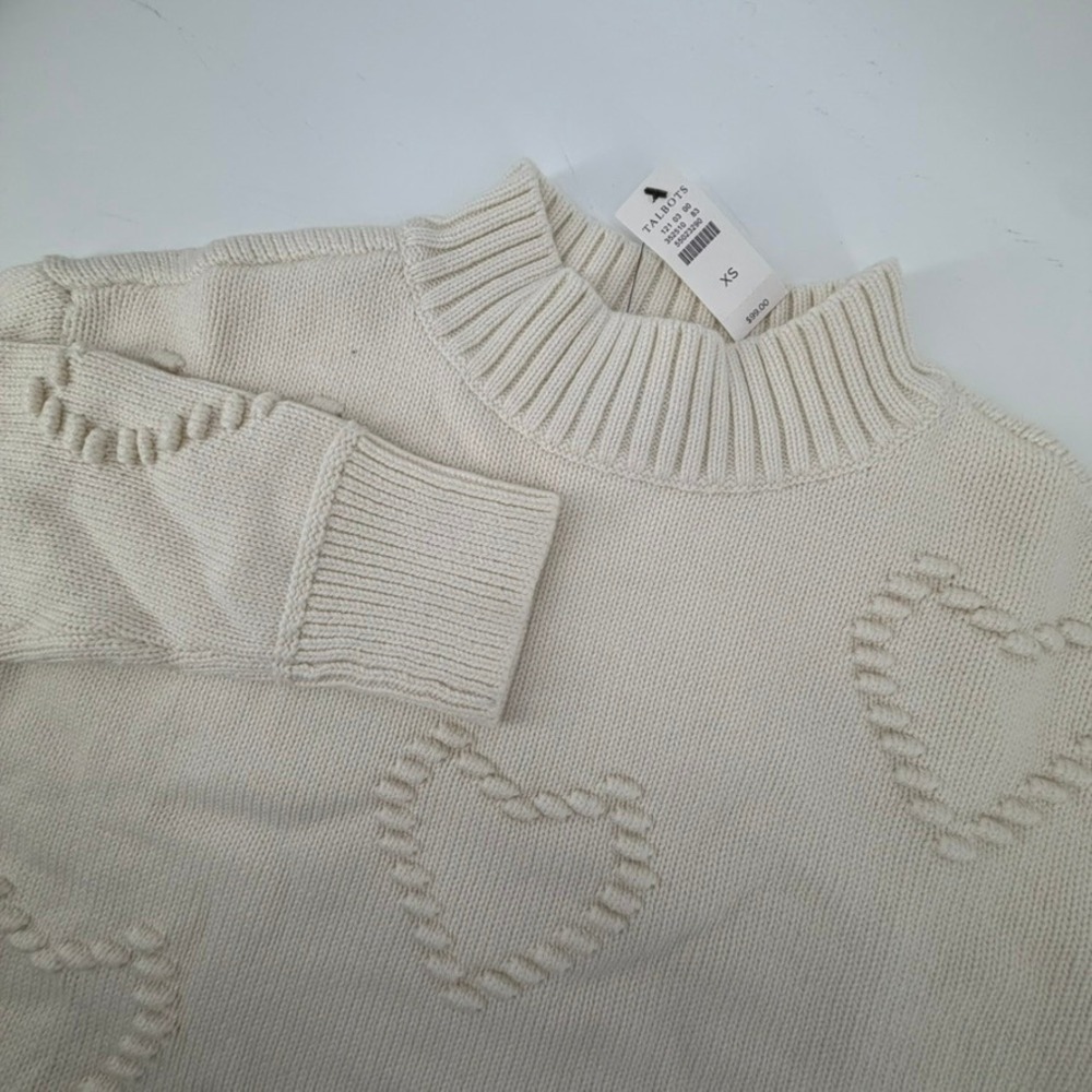 Talbots Ivory Raised Heart Mock Neck Cotton Blend Sweater XS New With Tags